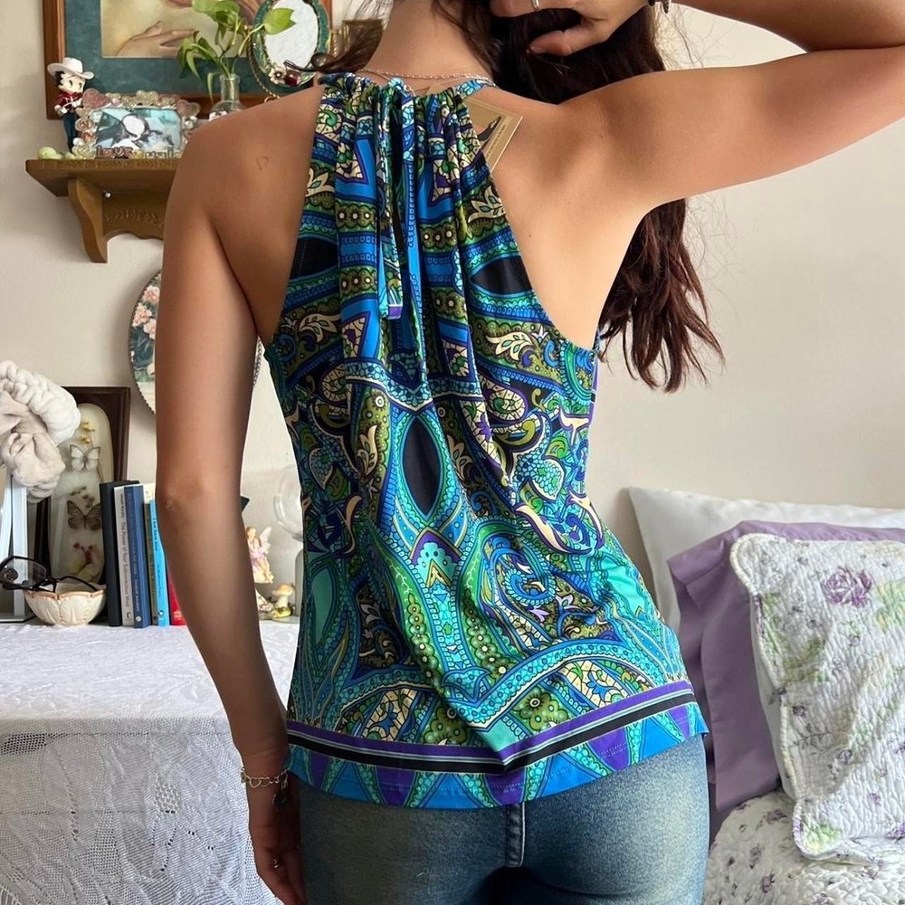 Vintage Cache Blue and Green Paisley Tank Top with beaded Key Hole size medium - Picture 3 of 5